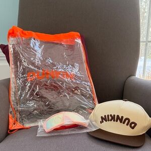 NWT Dunkin' Drawstring Bag, Baseball Hat, and Sunglasses Set